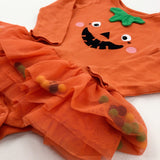 Pumpkin Appliqued Orange Long Sleeve Bodysuit With Pom Poms Net Skirt - Girls 12-18 Months