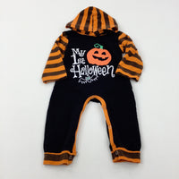 'My 1st Halloween' Pumpkin Black & Orange Striped Hooded Romper - Boys/Girls 3-6 Months