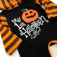 'My 1st Halloween' Pumpkin Black & Orange Striped Hooded Romper - Boys/Girls 3-6 Months