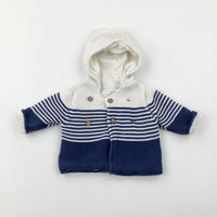 Navy & White Striped Knitted Hooded Cardigan/Jacket - Boys Newborn