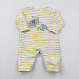 'Mummy And Me' Elephants Appliqued Yellow Striped Romper - Boys 0-3 Months