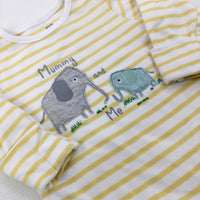 'Mummy And Me' Elephants Appliqued Yellow Striped Romper - Boys 0-3 Months