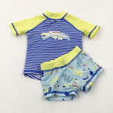 Crocodile Appliqued Blue Striped Beach Top & Shorts Set - Boys 0-3 Months