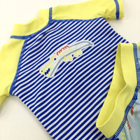 Crocodile Appliqued Blue Striped Beach Top & Shorts Set - Boys 0-3 Months