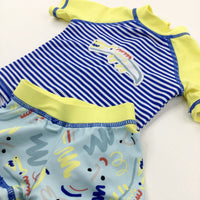 Crocodile Appliqued Blue Striped Beach Top & Shorts Set - Boys 0-3 Months