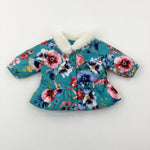 Birds & Flowers Turquoise Padded Coat With Fluffy Collar - Girls 0-3 Months