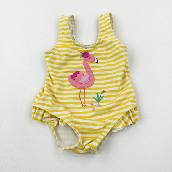 Flamingo Appliqued Yellow Striped Swimming Costume - Girls 3-6 Months