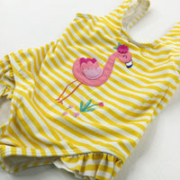 Flamingo Appliqued Yellow Striped Swimming Costume - Girls 3-6 Months