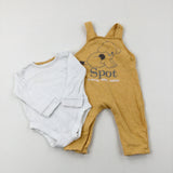 'Playful Kind Happy' Spot The Dog Yellow Dungarees & White Long Sleeve Bodysuit - Boys 6-9 Months