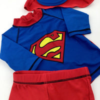 Superman Blue & Red Beach Top Shorts & Sun Hat - Boys 6-9 Months