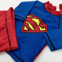 Superman Blue & Red Beach Top Shorts & Sun Hat - Boys 6-9 Months