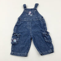 Flowers Embroidered Mid Blue Dungarees - Girls 6-9 Months