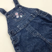 Flowers Embroidered Mid Blue Dungarees - Girls 6-9 Months