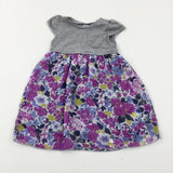 Flowers Lilac & Grey Floaty Dress - Girls 6-9 Months