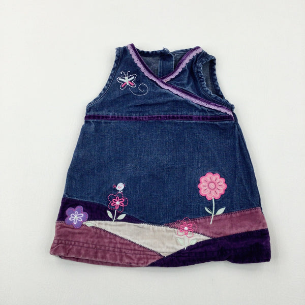 Flowers & Butterflies Appliqued Mid Blue Denim Dress - Girls 6-9 Months