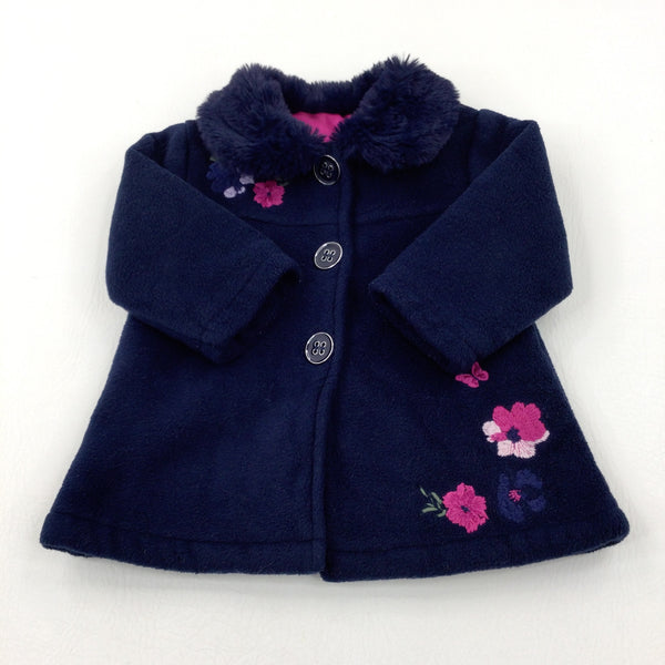 Flowers Embroidered Smart Navy Winter Coat - Girls 6-9 Months