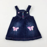 Butterflies Appliqued Dark Blue Denim Dungaree Dress - Girls 6-9 Months