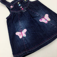 Butterflies Appliqued Dark Blue Denim Dungaree Dress - Girls 6-9 Months