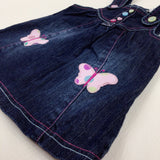 Butterflies Appliqued Dark Blue Denim Dungaree Dress - Girls 6-9 Months