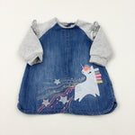 Unicorn Appliqued & Sequinned Mid Blue Denim Dress - Girls 9-12 Months