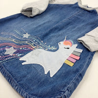 Unicorn Appliqued & Sequinned Mid Blue Denim Dress - Girls 9-12 Months