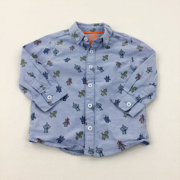 Robots Light Blue Long Sleeve Cotton Shirt - Boys 12-18 Months