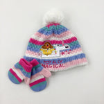 Hey Duggee Appliqued Colourful Striped Winter Bobble Hat & Mittens Set - Girls 12-18 Months