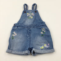 Flowers & Birds Embroidered Light Blue Denim Short Dungarees - Girls 2-3 Years