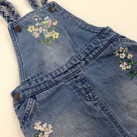 Flowers & Birds Embroidered Light Blue Denim Short Dungarees - Girls 2-3 Years