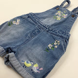 Flowers & Birds Embroidered Light Blue Denim Short Dungarees - Girls 2-3 Years