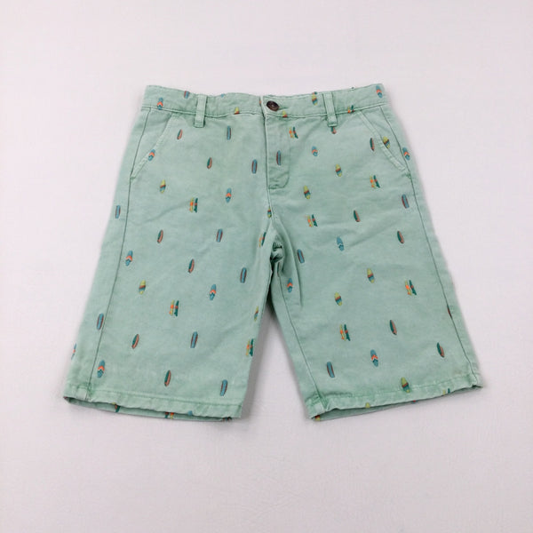 Surfboards Embroidered Pale Green Denim Shorts With Adjustable Waist - Boys 10-11 Years