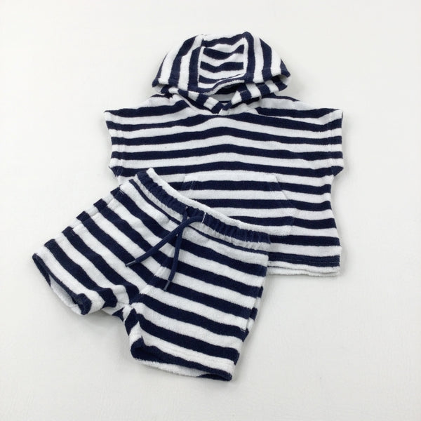 Navy & White Striped Towelling Hoodie & Shorts Set - Boys 6-9 Months