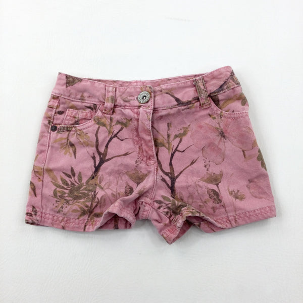 Butterflies & Flowers Pink Denim Shorts With Adjustable Waist - Girls 3-4 Years