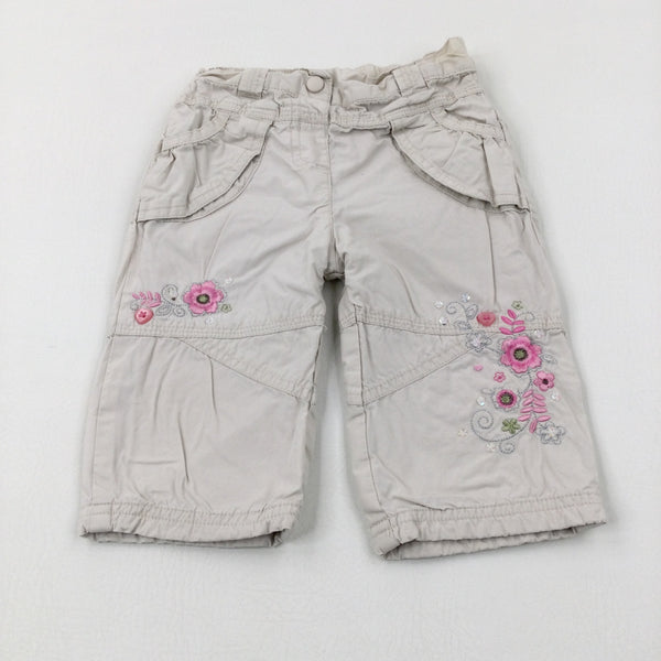 Flowers Embroidered Cream Trousers - Girls 6-9 Months