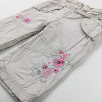 Flowers Embroidered Cream Trousers - Girls 6-9 Months