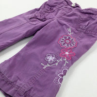 Flowers Embroidered Purple Trousers - Girls 6-9 Months