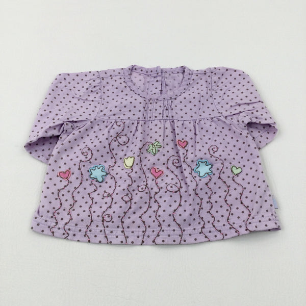 Hearts & Flowers Appliqued Spotty Lilac Long Sleeve Top - Girls 6-9 Months