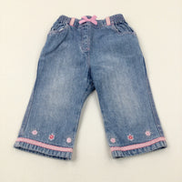 Flowers Embroidered Light Blue Denim Jeans - Girls 6-9 Months