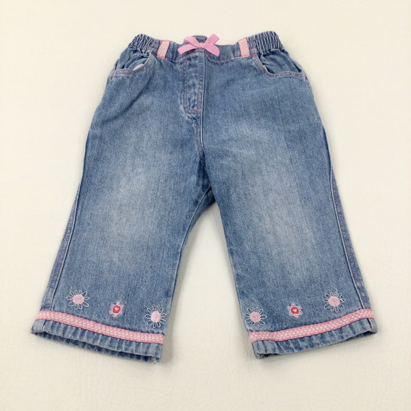 Flowers Embroidered Light Blue Denim Jeans - Girls 6-9 Months