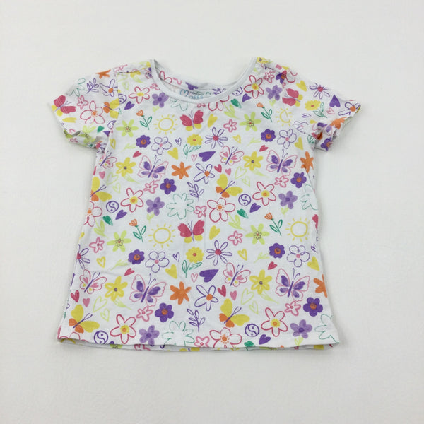 Colourful Flowers & Butterflies White T-Shirt - Girls 4-5 Years