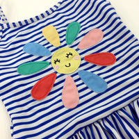 Smiley Flower Blue Striped Swimming Costume - Girls 4-5 Years