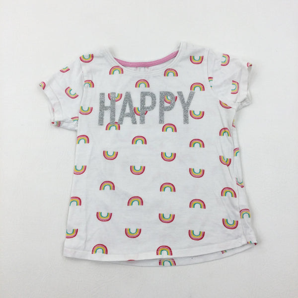 'Happy' Rainbows Glittery White T-Shirt - Girls 4-5 Years