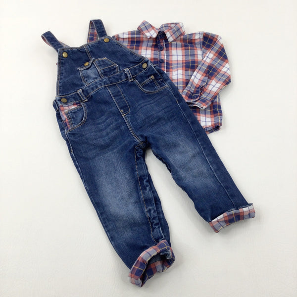 Navy Checked Long Sleeve Shirt & Mid Blue Denim Dungarees Set - Boys 12-18 Months