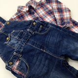 Navy Checked Long Sleeve Shirt & Mid Blue Denim Dungarees Set - Boys 12-18 Months