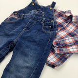 Navy Checked Long Sleeve Shirt & Mid Blue Denim Dungarees Set - Boys 12-18 Months