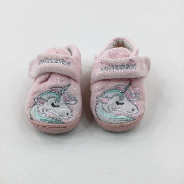 'Unicorn' Unicorn Appliqued Glittery Pink Slippers - Girls - Shoe Size 4