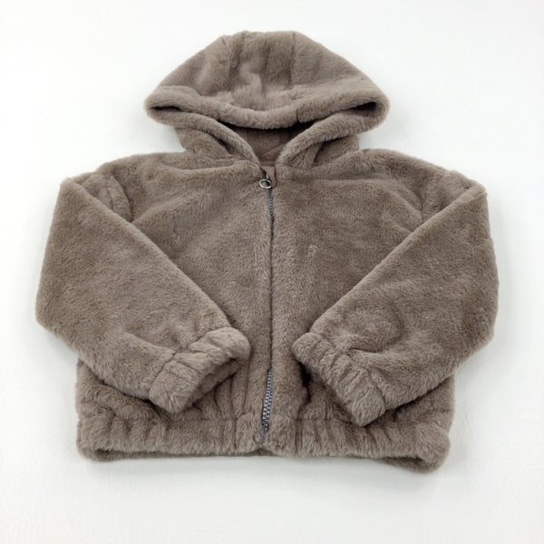 Taupe Zip Through Fluffy Coat - Girls 5-6 Years