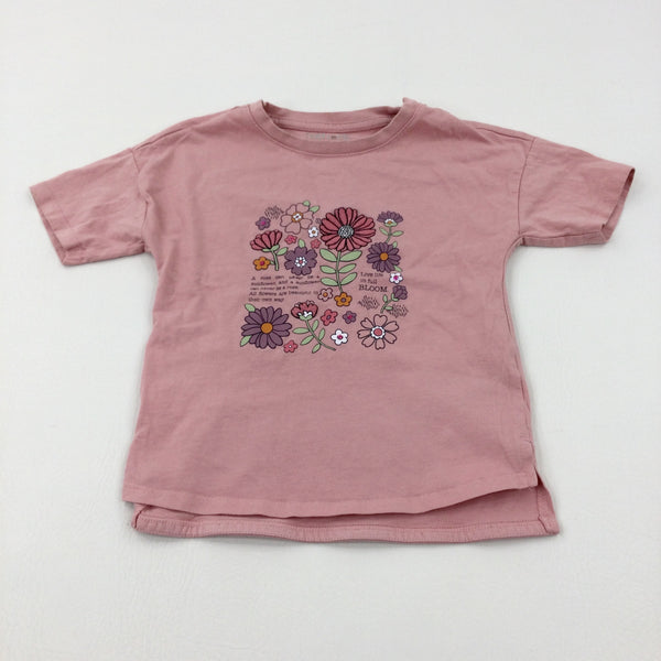 'Live Life In Full Bloom' Flowers Embroidered Pink T-Shirt - Girls 5-6 Years