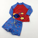 Fish Blue & Red Beach Top & Shorts Set - Boys 3-4 Years