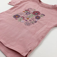 'Live Life In Full Bloom' Flowers Embroidered Pink T-Shirt - Girls 5-6 Years